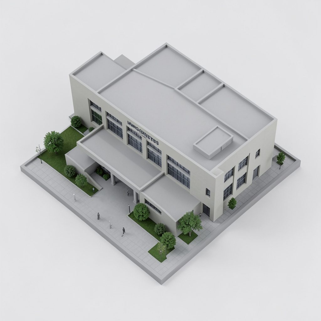 Teknik üniversite kampüs binalarının izometrik 3B çizimi, gri ve bej tonlarda modern yapılar